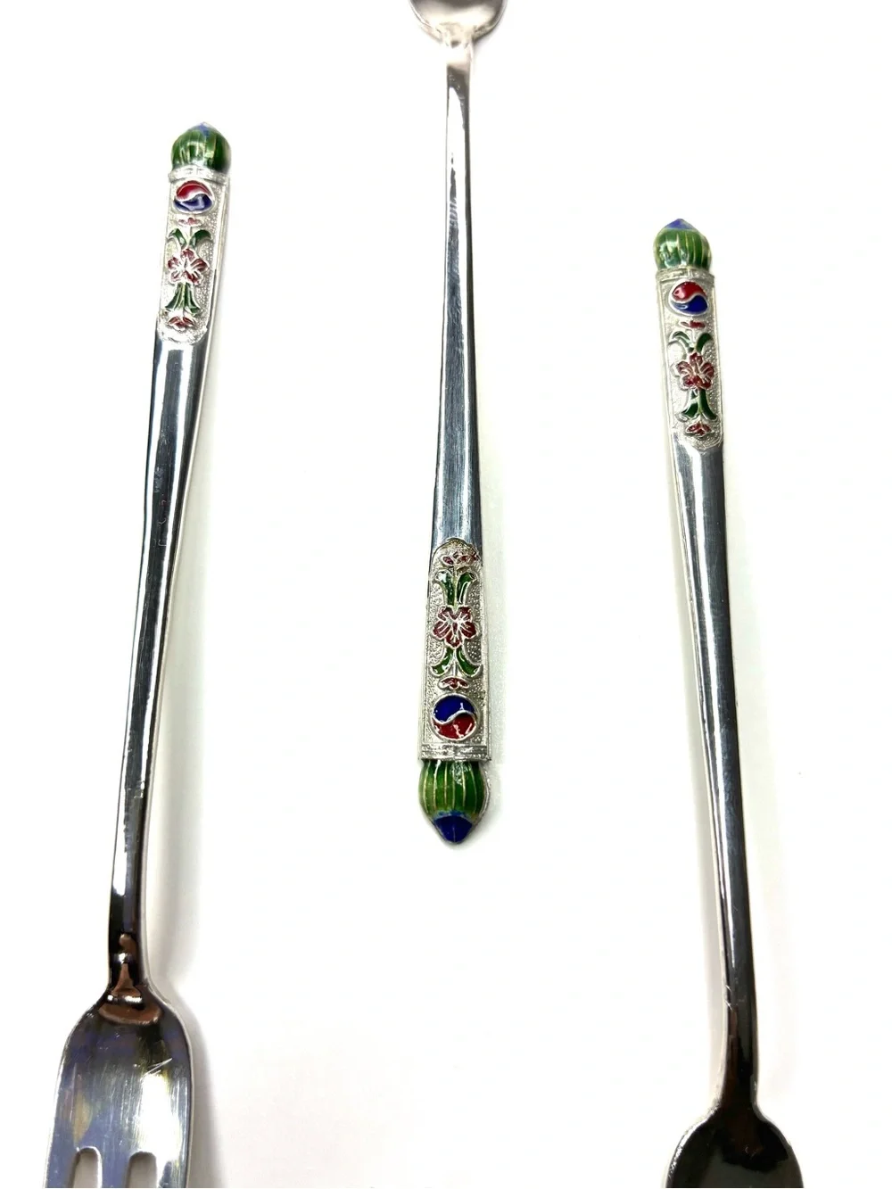 Vintage Korean Ag 700 Silver Enamel Chilbo Teatime Fruit Forks Set of 6
